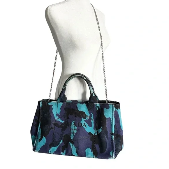 PRADA Blue Camouflage Canapa GM Two Way Tote Bag - Picture 3 of 15